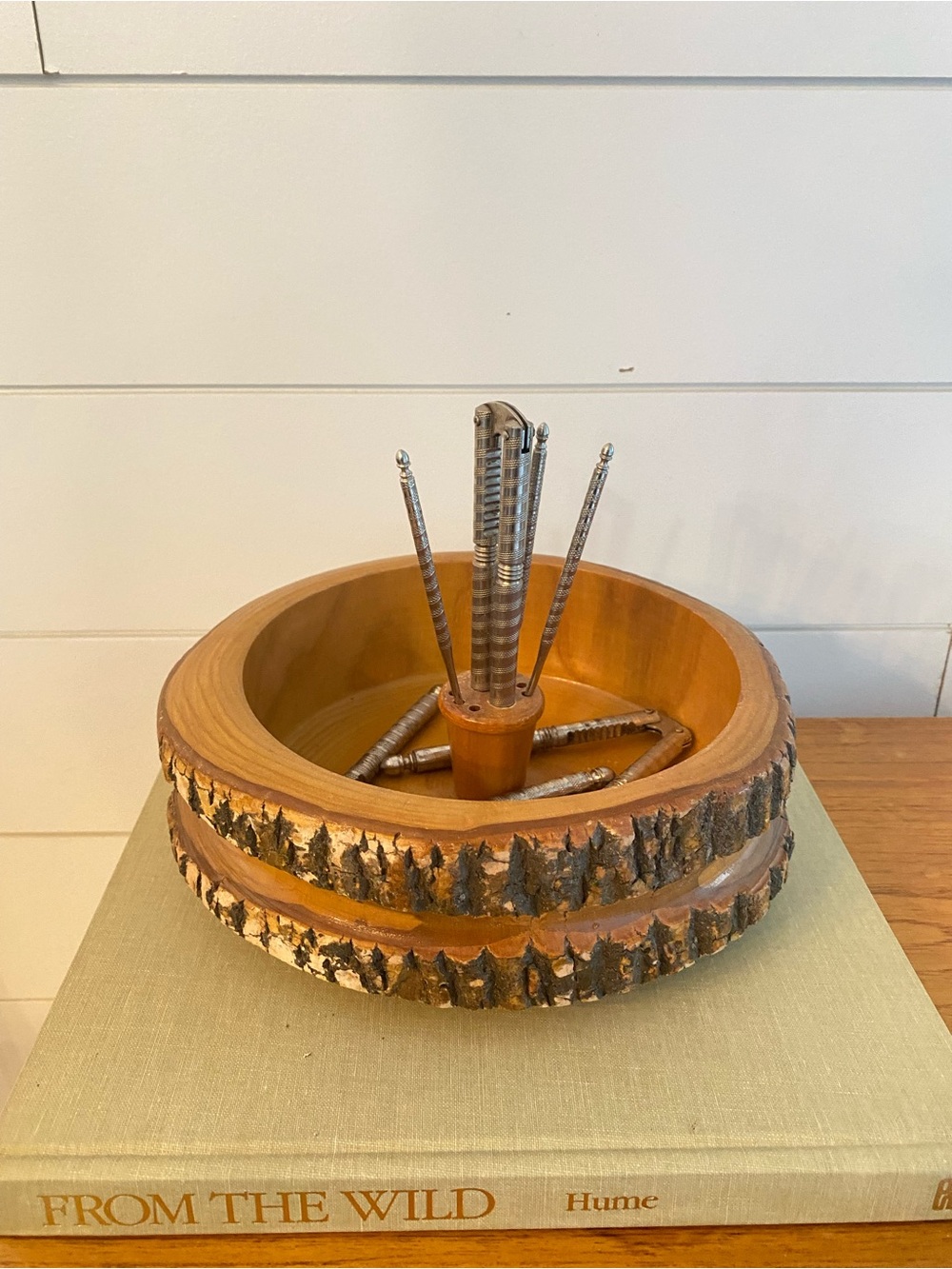 Vintage Nut Bowl and Cracker Set with Picks Wood Tree Bark Edge Rustic Snack Set